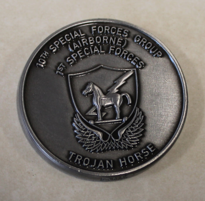 10th Special Forces Group Airborne Trojan Horse  Antique Silver Finish Army Challenge Coin