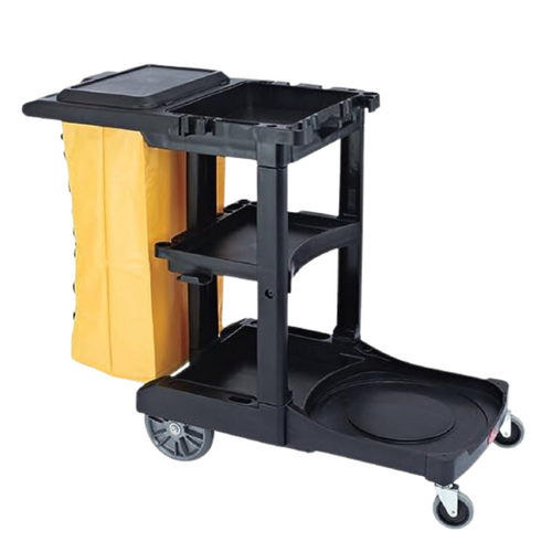 Three-shelf housekeeping multi-purpose cart in black and yellow with laundry bag