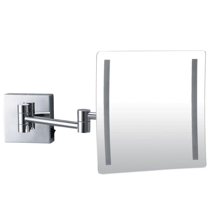 LED magnifying mirror on a silver swivel arm, wall mounted