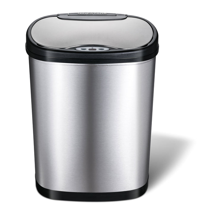 42 litre automatic sensor bin in stainless steel with black lid