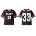 Front and back view of black 9LSF Sport mesh football jersey with red chain graphics and number 33