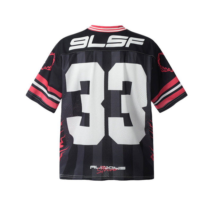 Black 9LSF football jersey with red striped sleeves and large white number 33 on the back