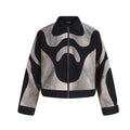 Cropped abstract patchwork zip jacket in black and washed grey two-tone canvas with organic panel design, front view