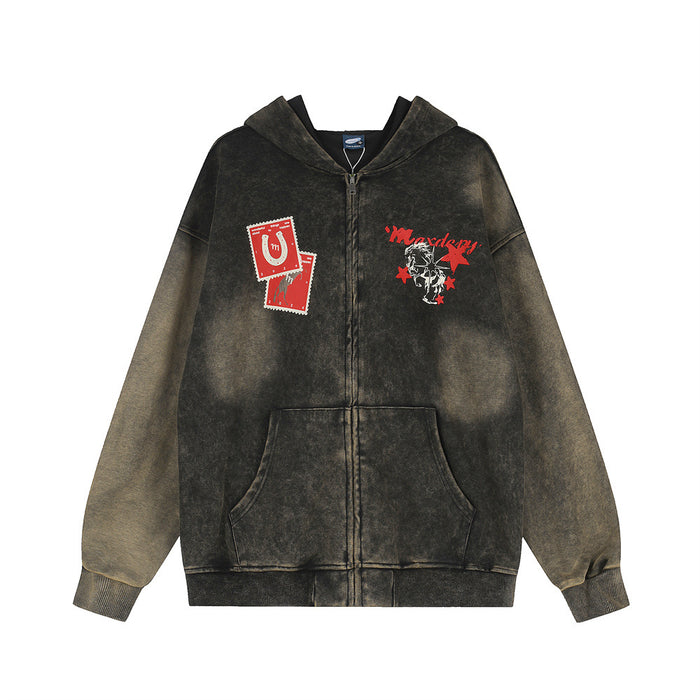 Oversized acid wash zip-up hoodie in faded black and olive with red horseshoe stamp and rider graphic on chest
