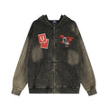 Oversized acid wash zip-up hoodie in faded black and olive with red horseshoe stamp and rider graphic on chest