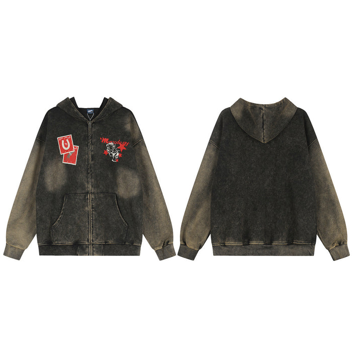 Front and back views of a dark acid-wash zip-up hoodie with chest graphics and oversized fit
