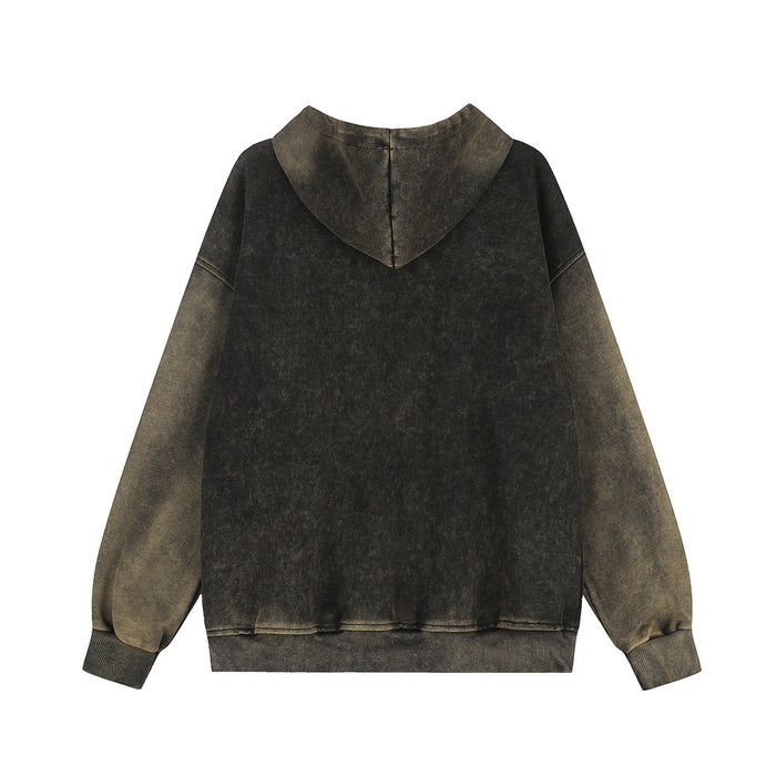 Back view of a dark acid-wash hoodie with oversized sleeves, hood, and ribbed hem and cuffs