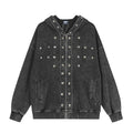 Oversized acid-wash zip-up hoodie in faded charcoal black with silver pyramid studs on chest and hood brim, front and back vi