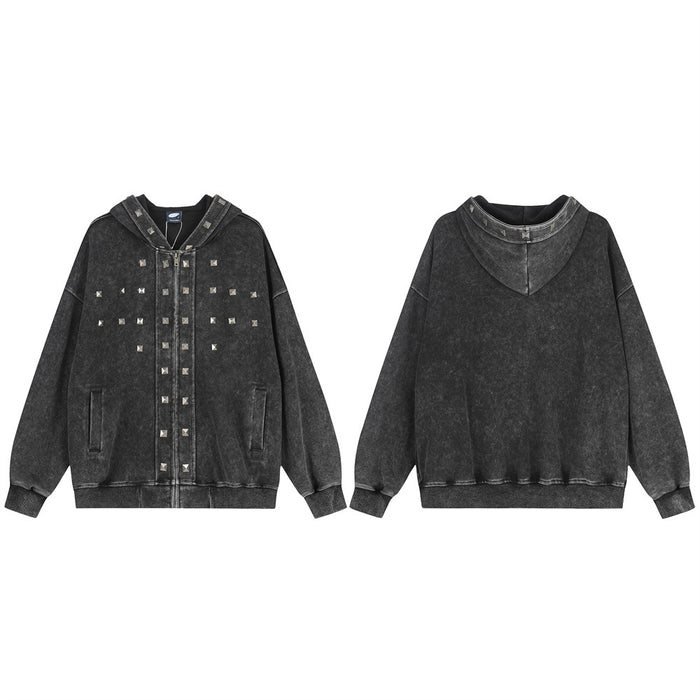 Acid-washed black zip-up hoodie shown in front and back views, with pyramid studs on the front