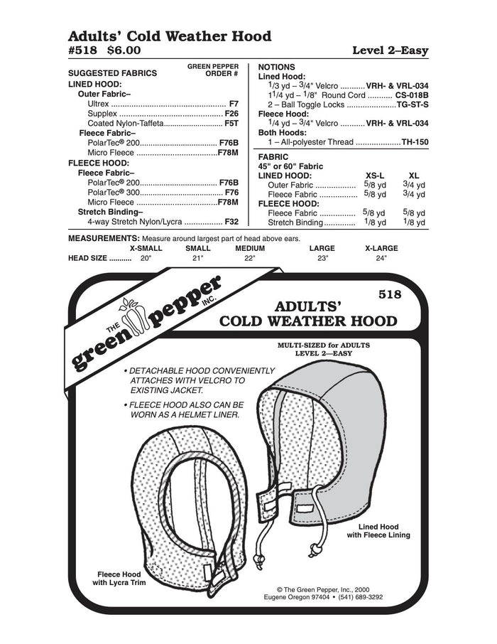 Adult’s Cold Weather Hood Pattern - 518 - The Green Pepper Patterns - Simplifi Fabric
