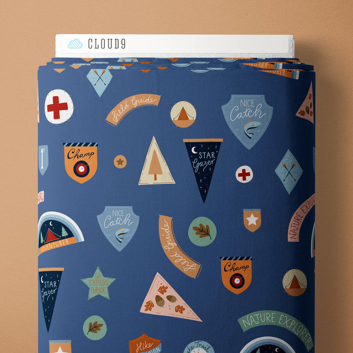 Adventure Club Campout - Blue - Backwoods and Boots - Softly Studio - Cloud 9 Fabrics - Poplin - Simplifi Fabric