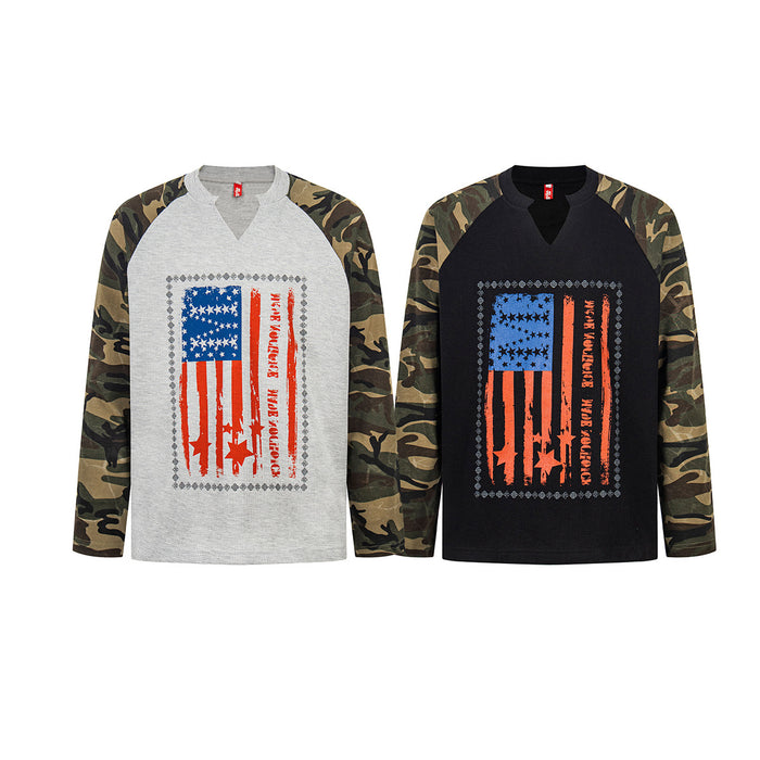 Gray and black waffle-knit raglan shirts with camouflage sleeves and distressed American flag graphics