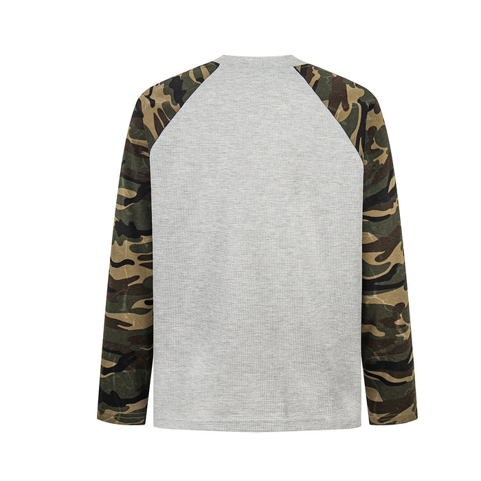 Back view of the gray waffle-knit raglan shirt with camouflage sleeves