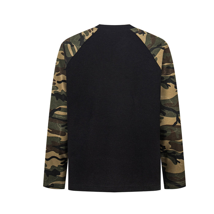 Back view of the black waffle-knit raglan shirt with camouflage sleeves