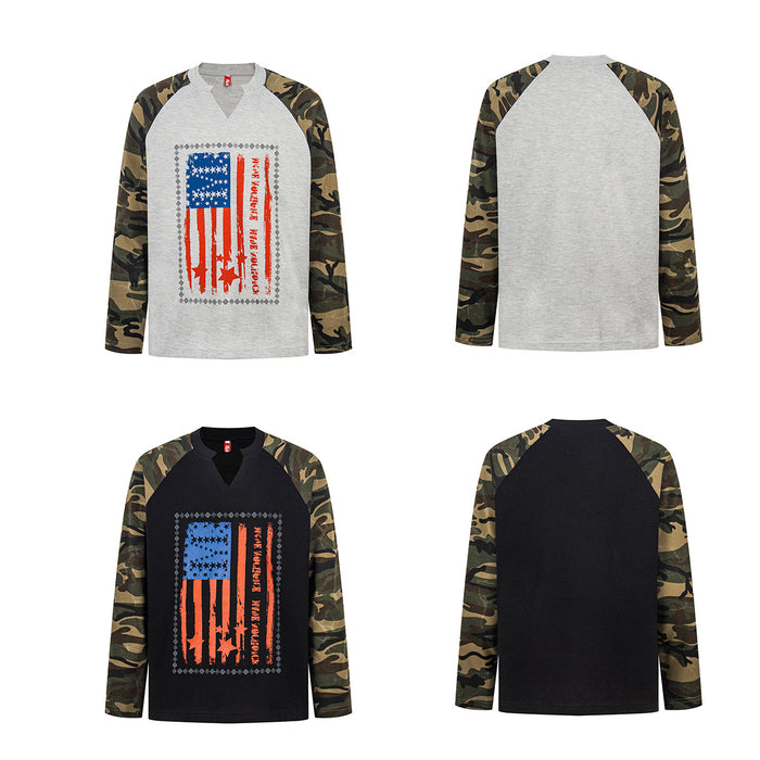 Four-view layout showing gray and black raglan shirts with camouflage sleeves, front and back