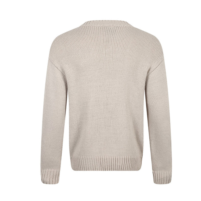 Back view of a beige intarsia knit crewneck sweater with long sleeves and ribbed cuffs