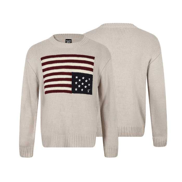 Beige knit sweater shown from the printed front and plain back, featuring stripes and a star panel