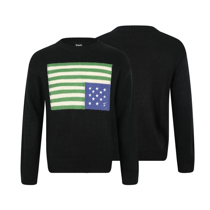 Black knit sweater shown from the striped front and plain back, featuring a blue panel with white stars