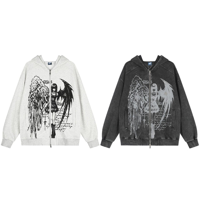 Front view of light and dark acid-wash zip-up hoodies with contrasting angel and winged figure graphics