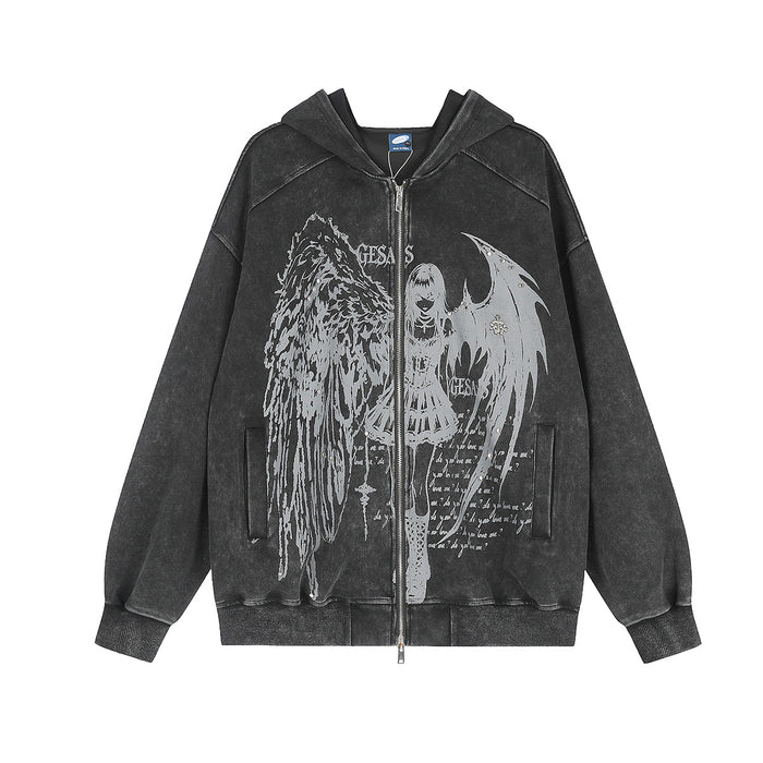 Oversized acid-wash zip-up hoodie with anime angel and demon wing graphic print on the front, shown in charcoal black