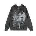Oversized acid-wash zip-up hoodie with anime angel and demon wing graphic print on the front, shown in charcoal black