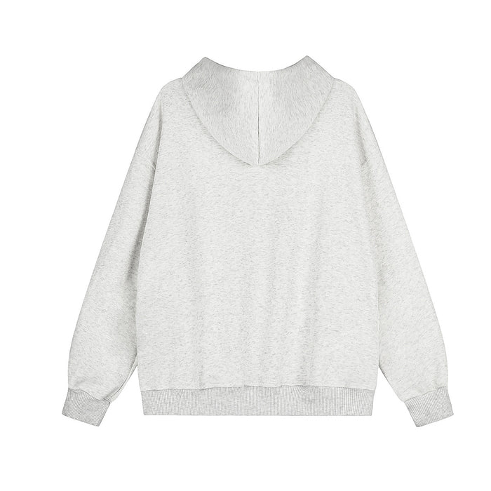 Back view of a light acid-wash zip-up hoodie with a plain body, hood, ribbed cuffs, and hem