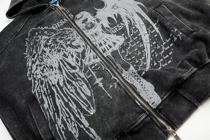 Close-up of the dark hoodie front showing angel and winged figure graphics beside the metal zipper