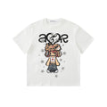 White oversized crew neck t-shirt with anime cartoon chibi character graphic, gothic lettering, and silver star print on the