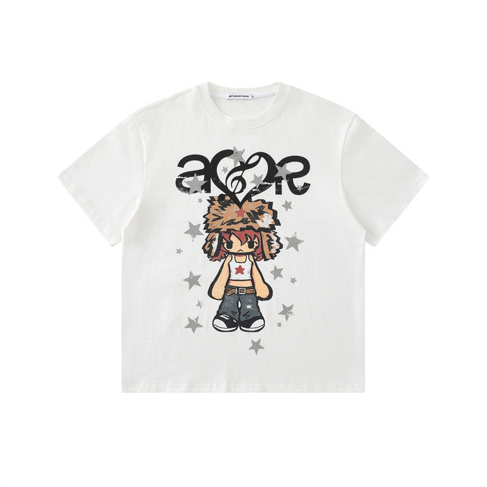 White oversized crew neck t-shirt with anime cartoon chibi character graphic, gothic lettering, and silver star print on the