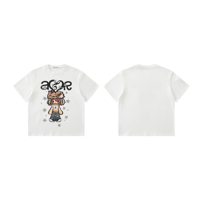 White crew neck T-shirt with anime-style cartoon graphic on front and plain back