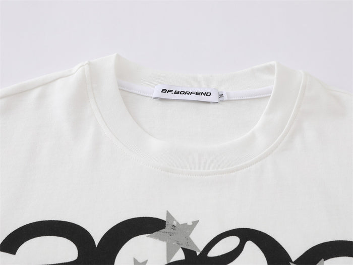 Close-up of white crew neck collar with front graphic and BF.BORFEND neck label