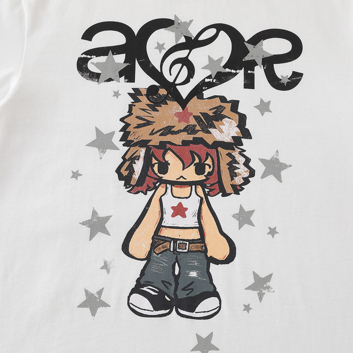 Front of white graphic T-shirt with cartoon character, stars, and bold black lettering