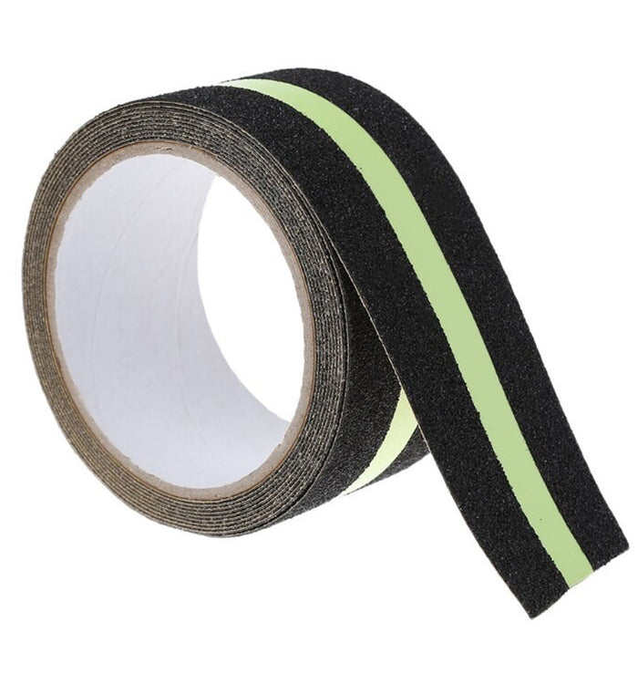 Black anti-slip floor tape with green glow-in-the-dark stripe