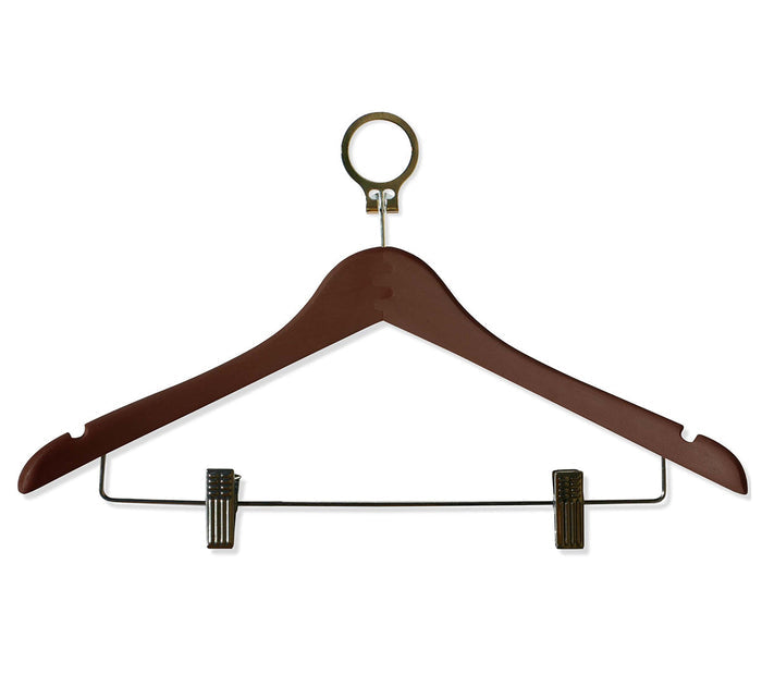 Anti-theft wooden clothes hanger in brown with security ring and clips