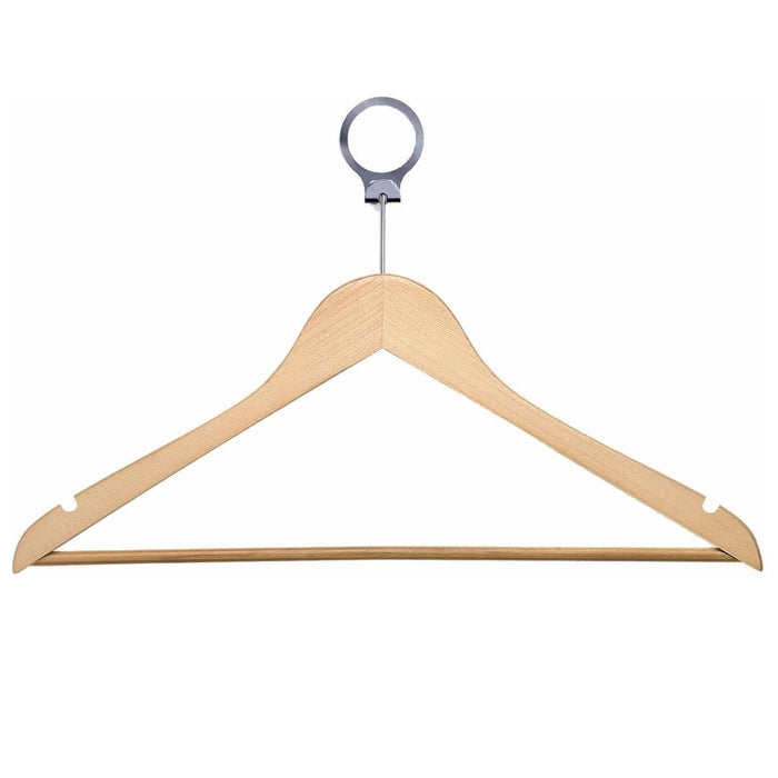 Anti-theft wooden clothes hanger in natural brown with security ring