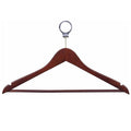 Anti-theft wooden clothes hanger in brown timber with security ring and non-slip bar