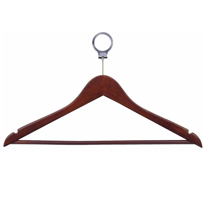 Anti-theft wooden clothes hanger in brown timber with security ring and non-slip bar