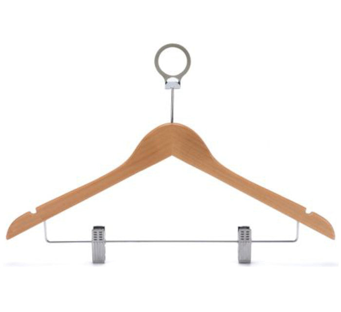 Anti-theft wooden clothes hanger in natural finish with security ring