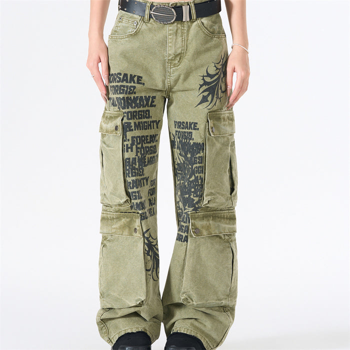 Acid wash army green wide-leg cargo pants with tribal flame graphic and letter print, multiple cargo pockets, worn by female