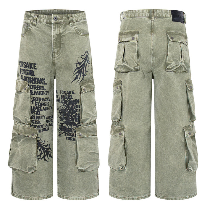 Front and back view of army green wide-leg cargo pants with black tribal graphics