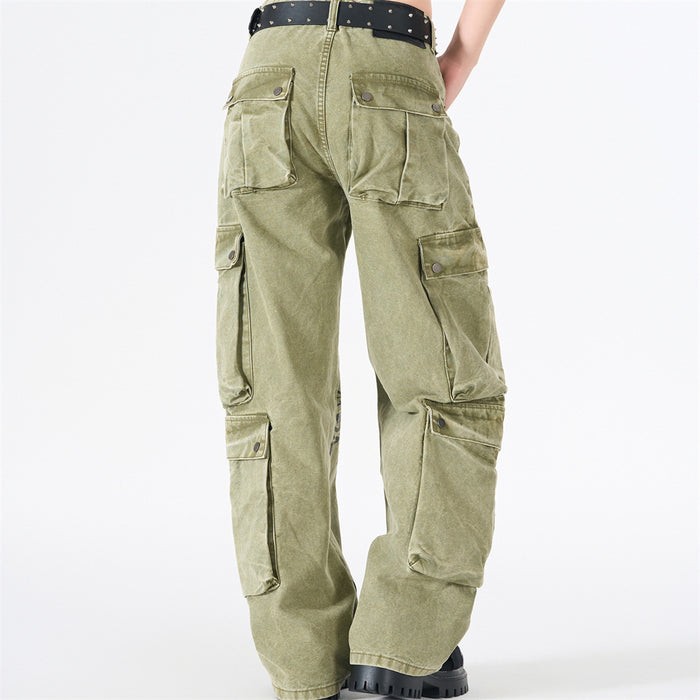 Back view of army green wide-leg cargo pants with large flap cargo pockets