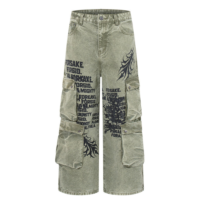 Front view of army green wide-leg cargo pants with black tribal graphics and flap cargo pockets