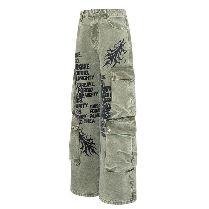 Side view of army green wide-leg cargo pants with black tribal graphics and large cargo pocket