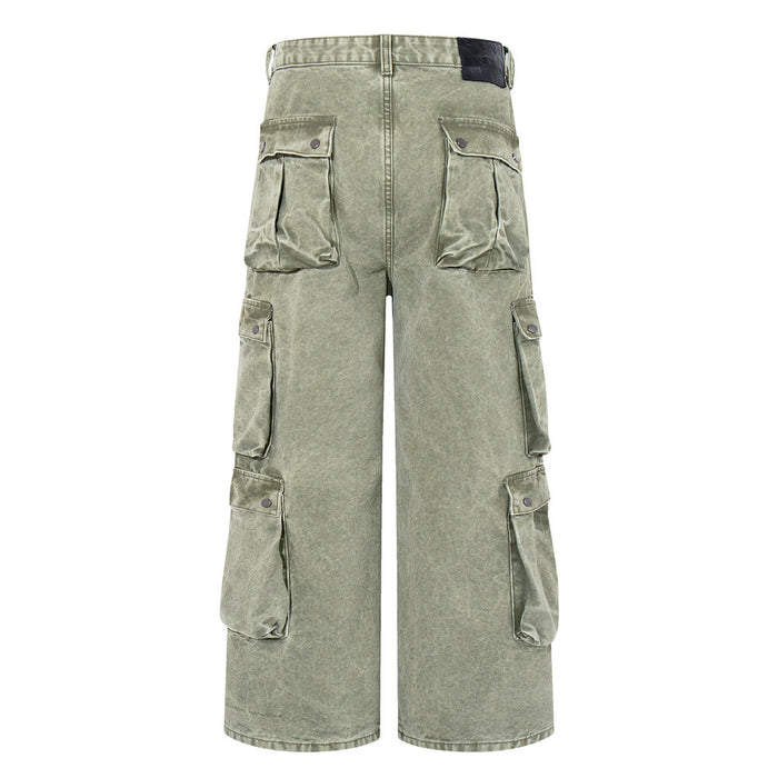 Back view of army green wide-leg cargo pants with flap cargo pockets and waistband patch detail