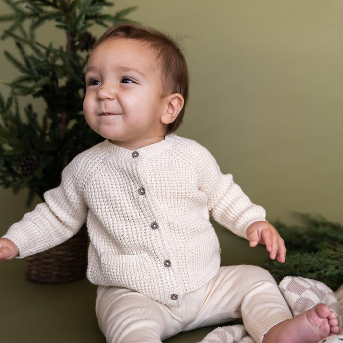 Avery Button & Pocket Chunky Sweater Knit Baby Cardigan (Organic Cotton)