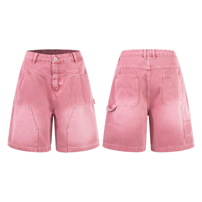 Men's baggy washed pink carpenter denim shorts with panel seaming and rivet details, front and back view