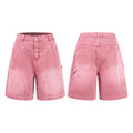 Men's baggy washed pink carpenter denim shorts with panel seaming and rivet details, front and back view