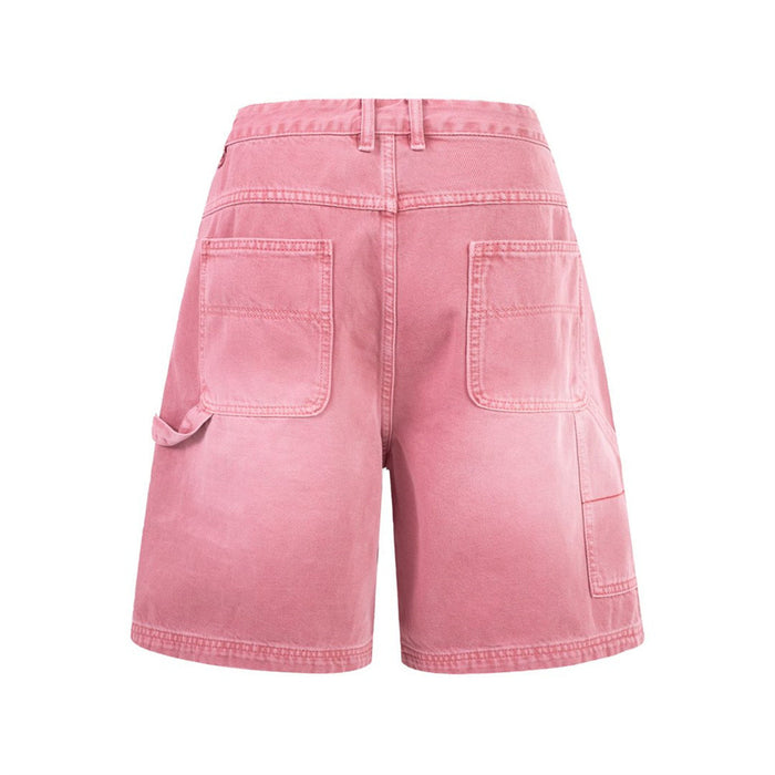 Pink carpenter denim shorts shown from the back with two rear pockets and a side cargo pocket