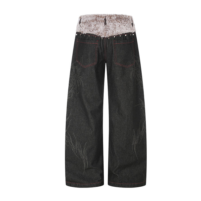 Back view of black wide-leg jeans with a beige plush waistband, red-stitched patch pockets, and subtle leg designs