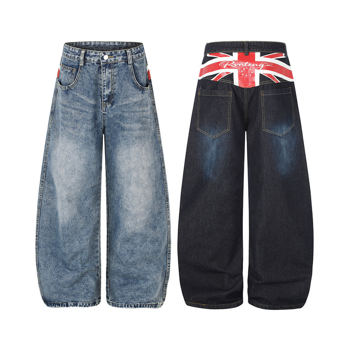 Wide-leg jeans shown front and back in light blue and dark denim, with Union Jack waistband prints